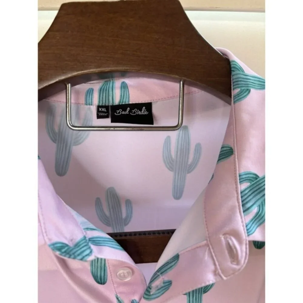 BAD BIRDIE XXL Desert Cactus Mens Polo Golf Pink Performance Golf Short Sleeve - Picture 7 of 8